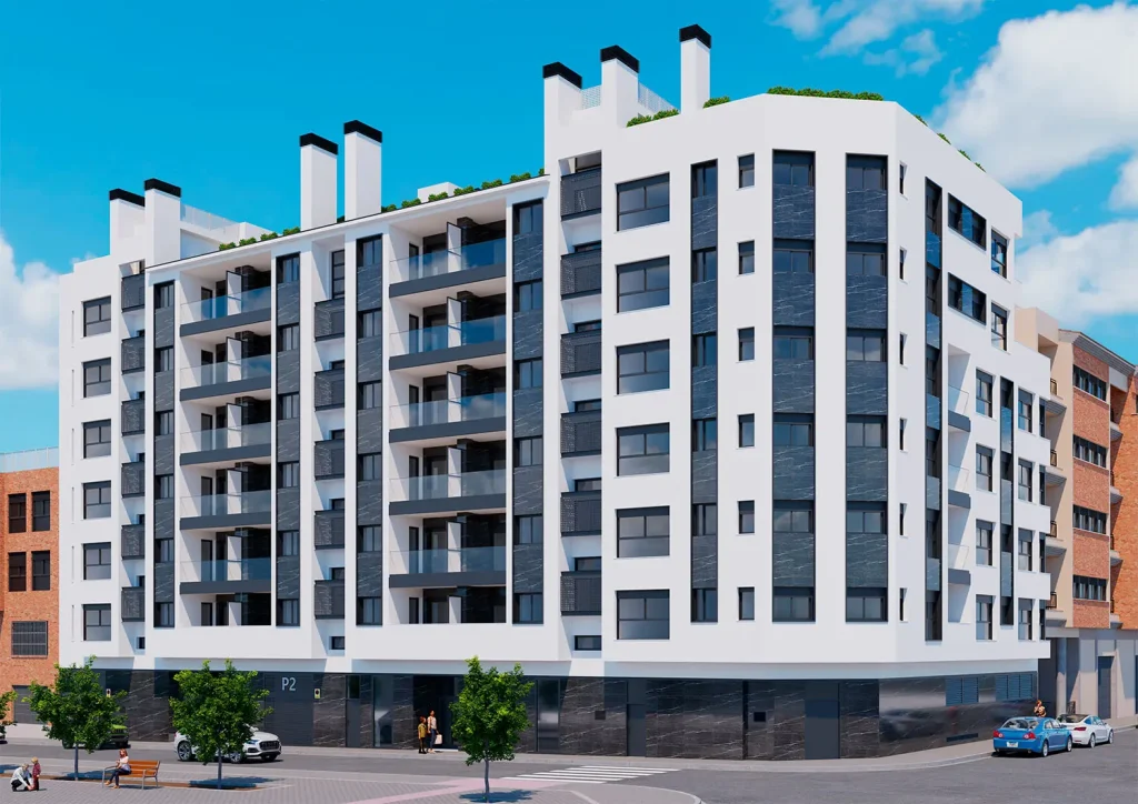 Nowoczesna fasada budynku Edificio Luz w Castellón Fasada Edificio Luz w Castellón, nowoczesnego budynku mieszkalnego z szerokimi balkonami i współczesnym czarno-białym designem.