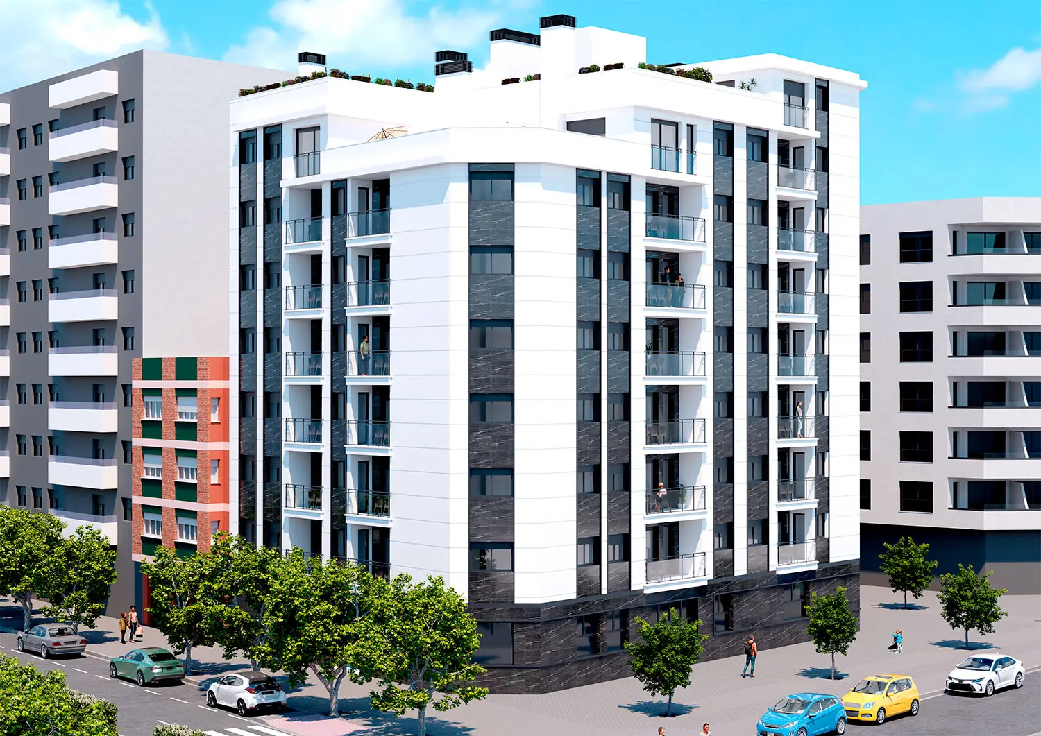 Edificio Panorama – Mieszkania w Castellón z tarasami i balkonami Edificio Panorama w Castellón, nowoczesne osiedle mieszkaniowe ze szklanymi balkonami i penthouse’ami z ogrodowymi tarasami.