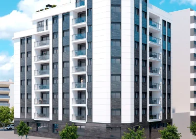 L'immeuble Panorama à Castellón, un complexe résidentiel contemporain doté d'une façade blanche et noire, de balcons vitrés et d'appartements en attique avec terrasse.