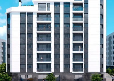 Façade de l'immeuble Panorama à Castellón, avec ses balcons vitrés, son design moderne et son emplacement central.