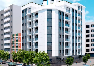 L'immeuble Panorama à Castellón, une résidence moderne dotée de balcons vitrés et d'appartements en attique avec terrasse aménagée en jardin.