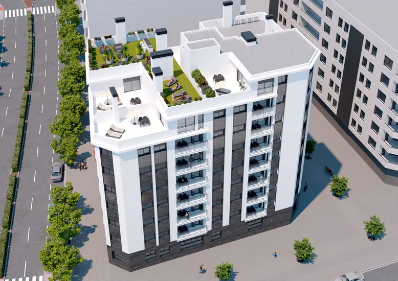Edificio Panorama of apartments for sale in Castellón with PENTHOUSES, garden terraces and balconies overlooking the city.