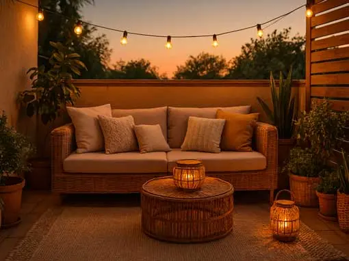 Decorating cozy terraces with warm lights at sunset Terrace decoration with wicker sofa, cushions, and lanterns lit at sunset