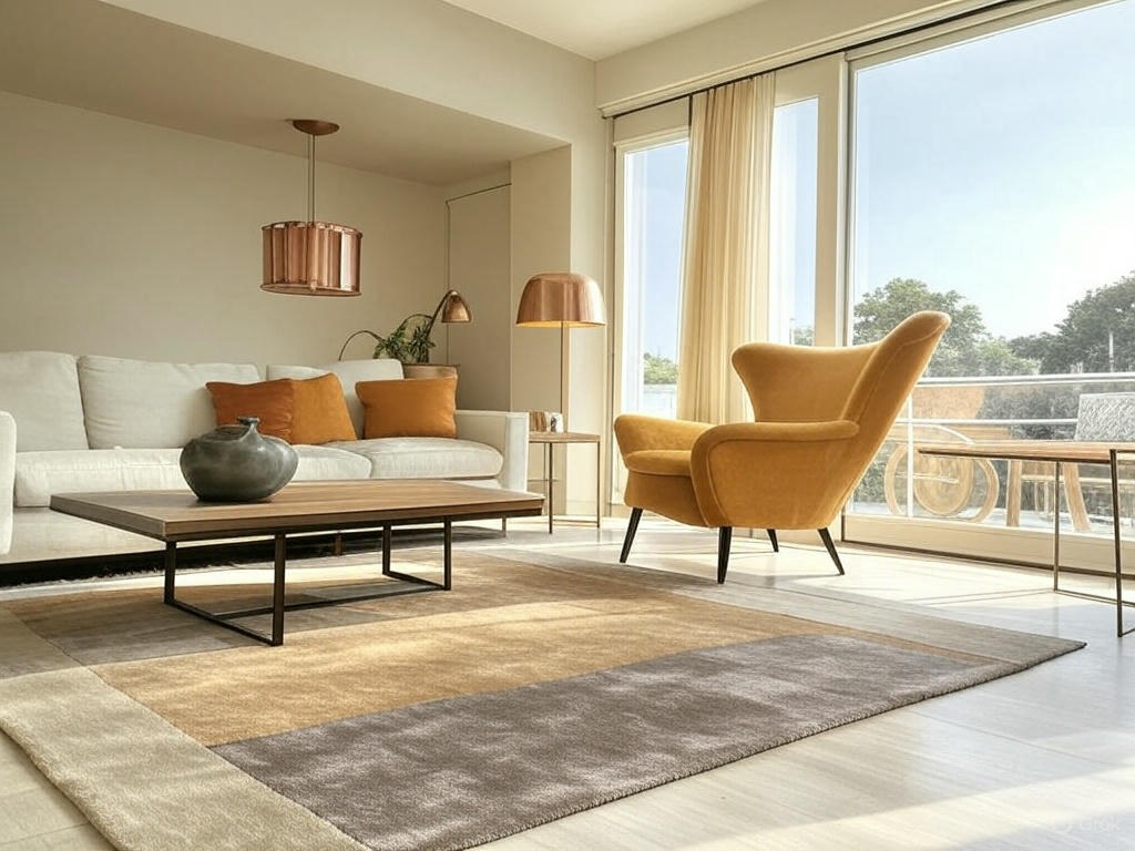 Couleurs tendance pour 2025 : tons terreux et chauds dans les salons modernes Salon moderne avec canapé beige, fauteuil moutarde et détails dans les tons ocres