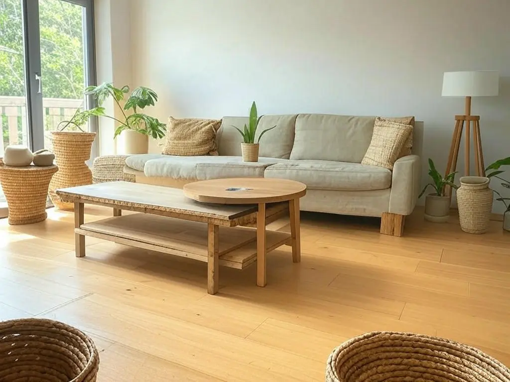 Matériaux naturels et durables : salon avec mobilier en bois et fibres organiques Salon confortable avec mobilier en bois, canapé beige et éléments en fibres naturelles