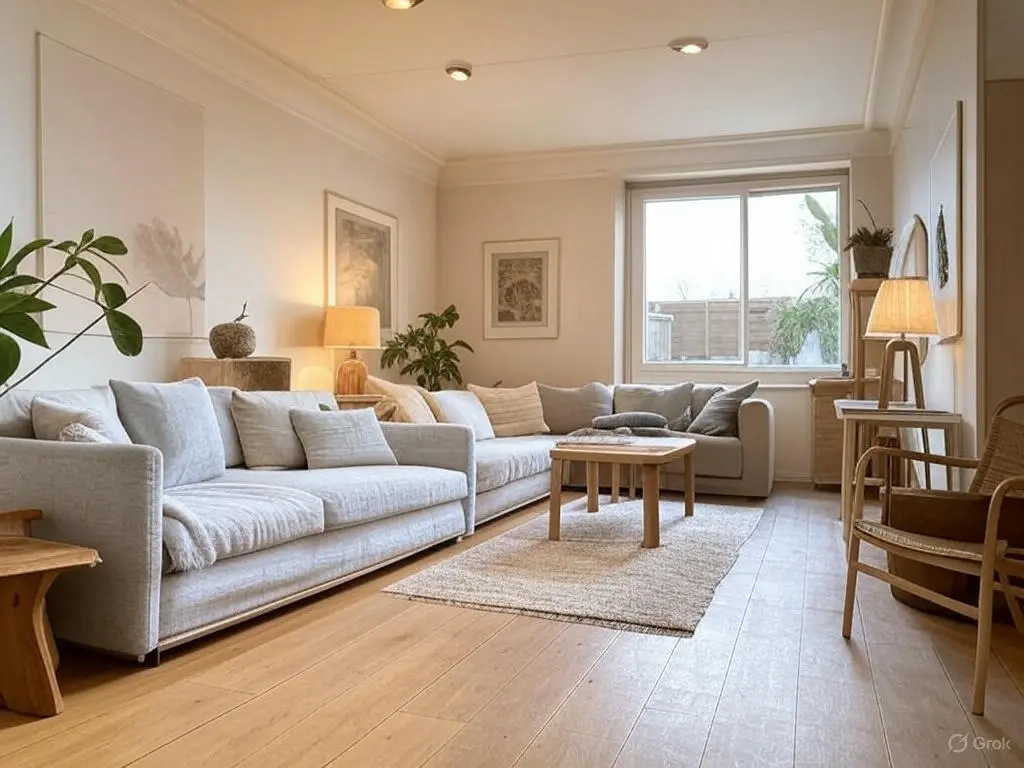Minimalisme revisité : moins, c'est plus, mais avec de la personnalité Salon minimaliste avec canapés gris, meubles en bois et décoration dans des tons neutres
