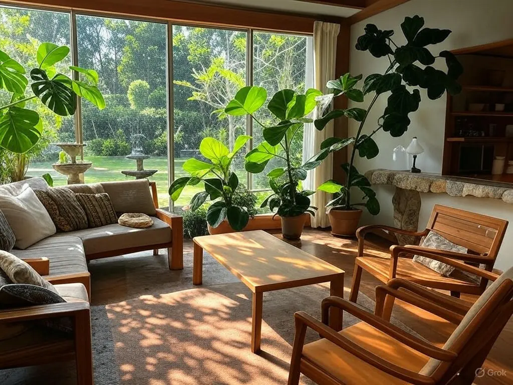 Conception biophilique : salon avec grandes baies vitrées et plantes naturelles Salon avec mobilier en bois, grandes plantes d'intérieur et vue sur le jardin
