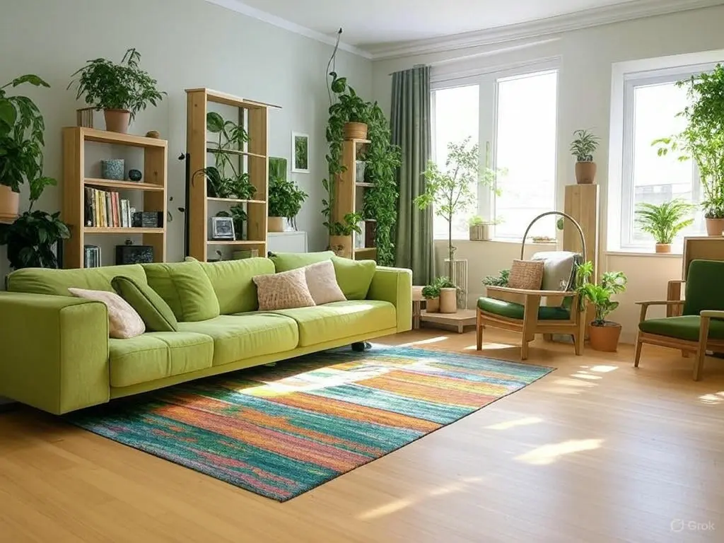 Conception durable : salon écologique avec mobilier et plantes naturelles Salon avec canapé vert, meubles en bois et plantes naturelles dans un espace lumineux