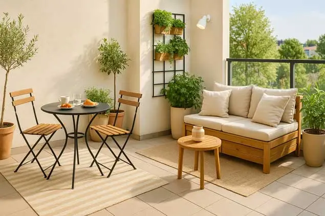 Divide the terrace into separate dining and relaxation areas. Well-zoned terrace with small dining area, wooden sofa, and decorative plants