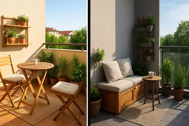 Terrace orientation: differences between sunny and shady areas Comparison of sunny and shaded terraces, both decorated with plants and wooden furniture