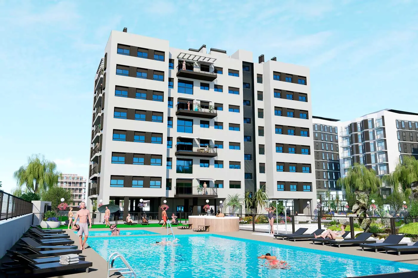 General view of Edificio Sol with communal pool and gardens in Boera Castellón area