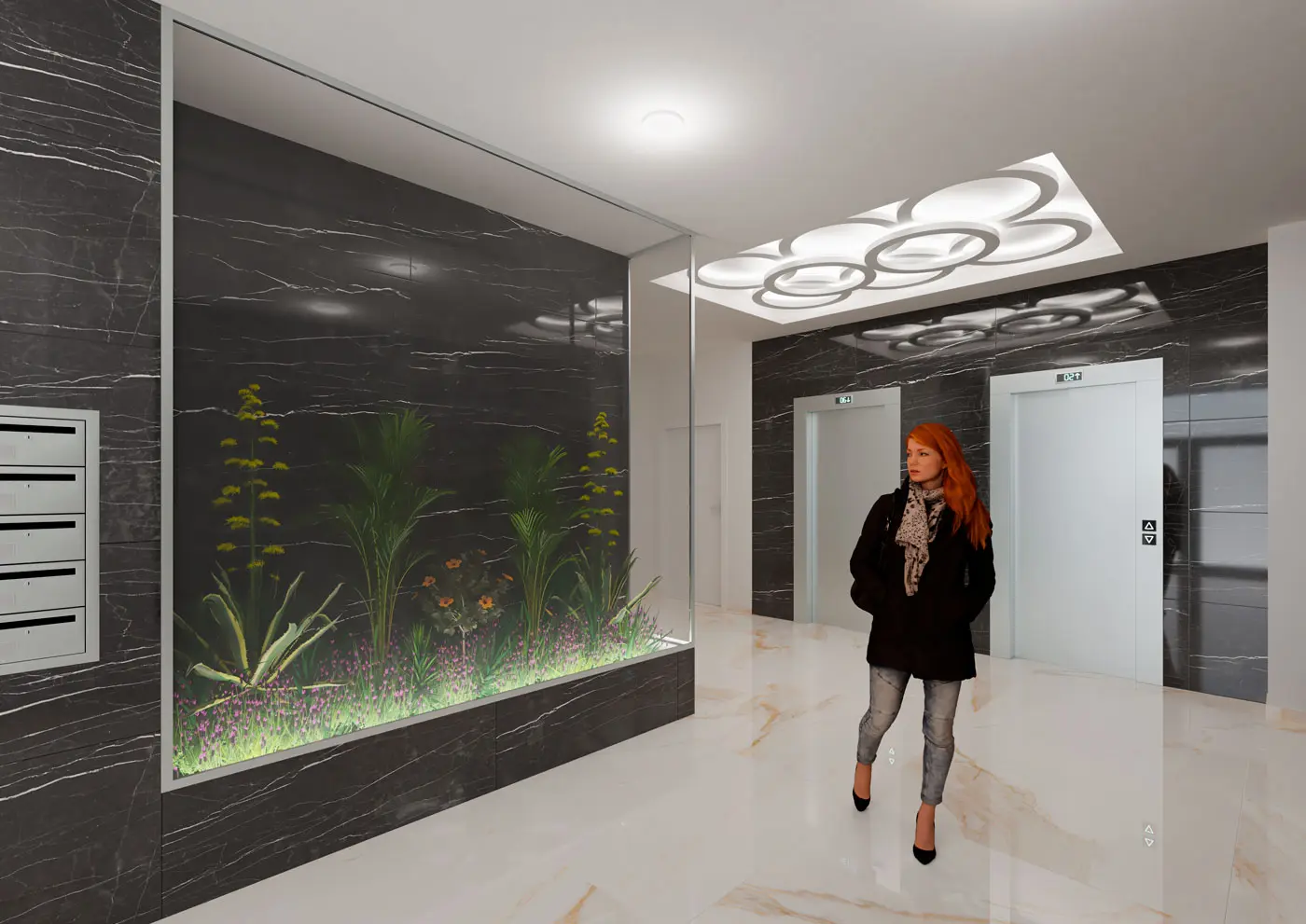 Edificio Norte Входно антре на Edificio Norte с панел за пощенски кутии, модерни асансьори и остъклена вътрешна градина