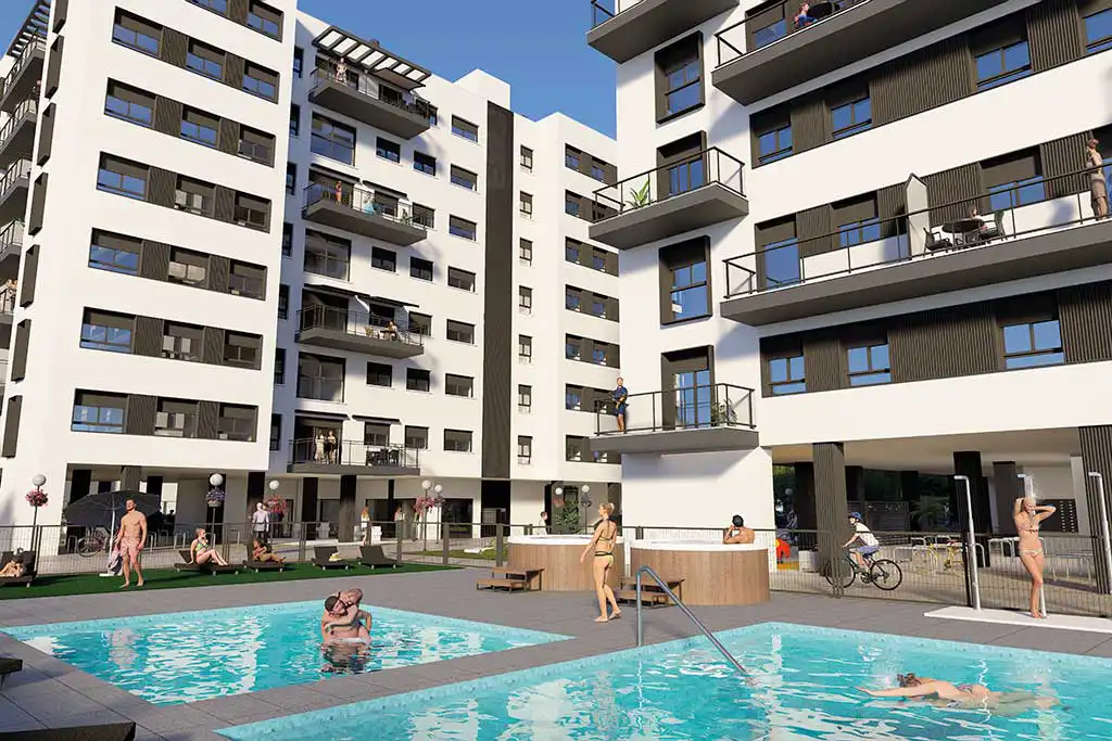 Clădirea Sol 2: Apartamente moderne cu piscină și zone de agrement Renderizare a clădirii Sol 2, cu piscină, zone de agrement și balcoane moderne. Oameni care se bucură de spațiul în aer liber.