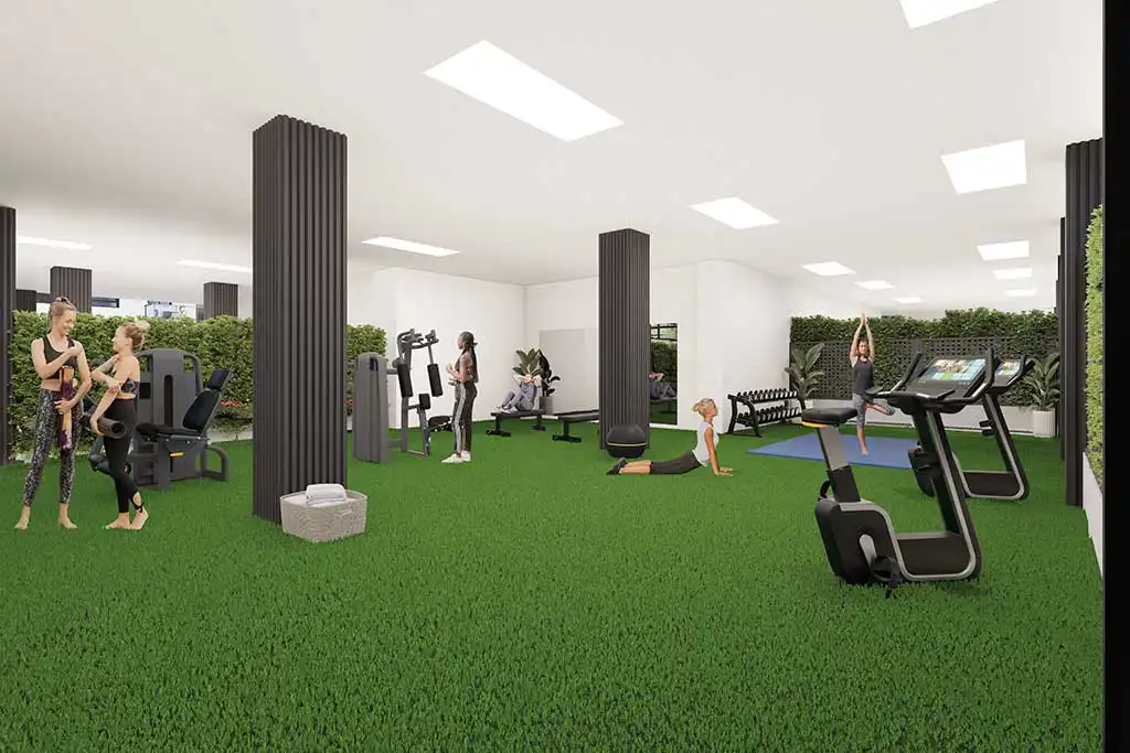 Clădirea Sol 2 – Sală de sport comunitară cu zonă de yoga Sala de sport comunitară din clădirea Sol 2, dotată cu gazon artificial, aparate de cardio și de forță, zonă de yoga și grădini verticale