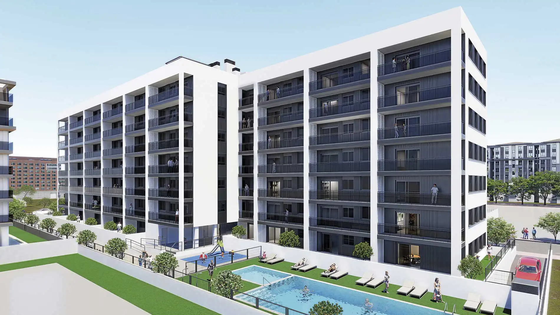 Fachada – Edificio Esmeralda Render de la fachada exterior del Edificio Esmeralda en Castellón de la Plana