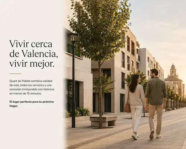 guía para comprar pisos en Quart de Poblet Pareja caminando por Quart de Poblet, Valencia, hacia el Edificio de obra nueva San Onofre