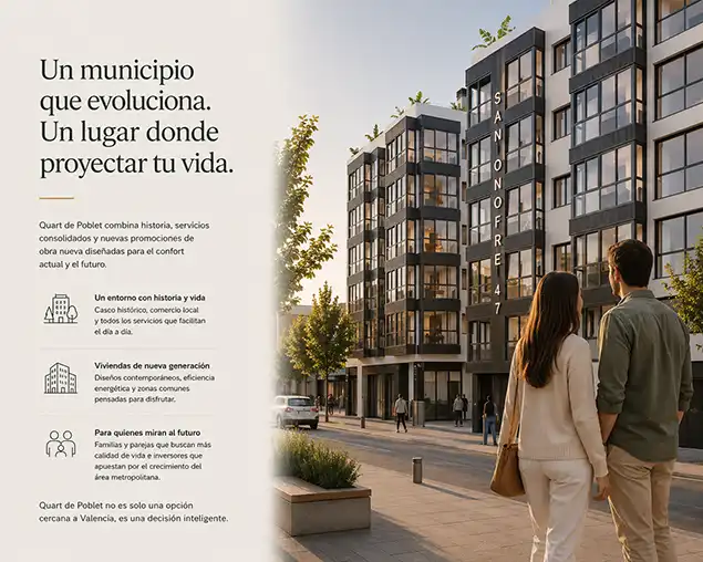 Guía para comprar pisos en Quart de Poblet Pareja mirando su futura vivienda en el Edificio San Onofre