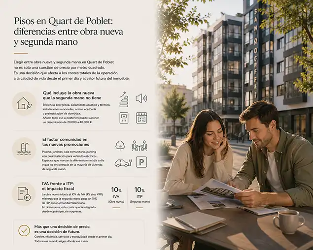 Guía para comprar pisos en Quart de Poblet Pareja valorando las ventajas del vivir en el Edificio San Onofre
