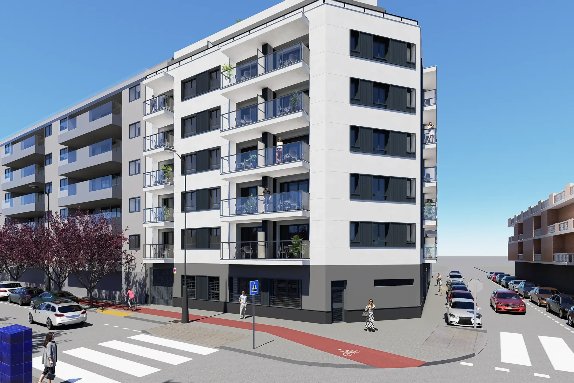 Bâtiment-Nou-Manises-Façade-04 Vue d'angle de la façade de l'immeuble « Nou Manises » de Marina d'Or Construcciones
